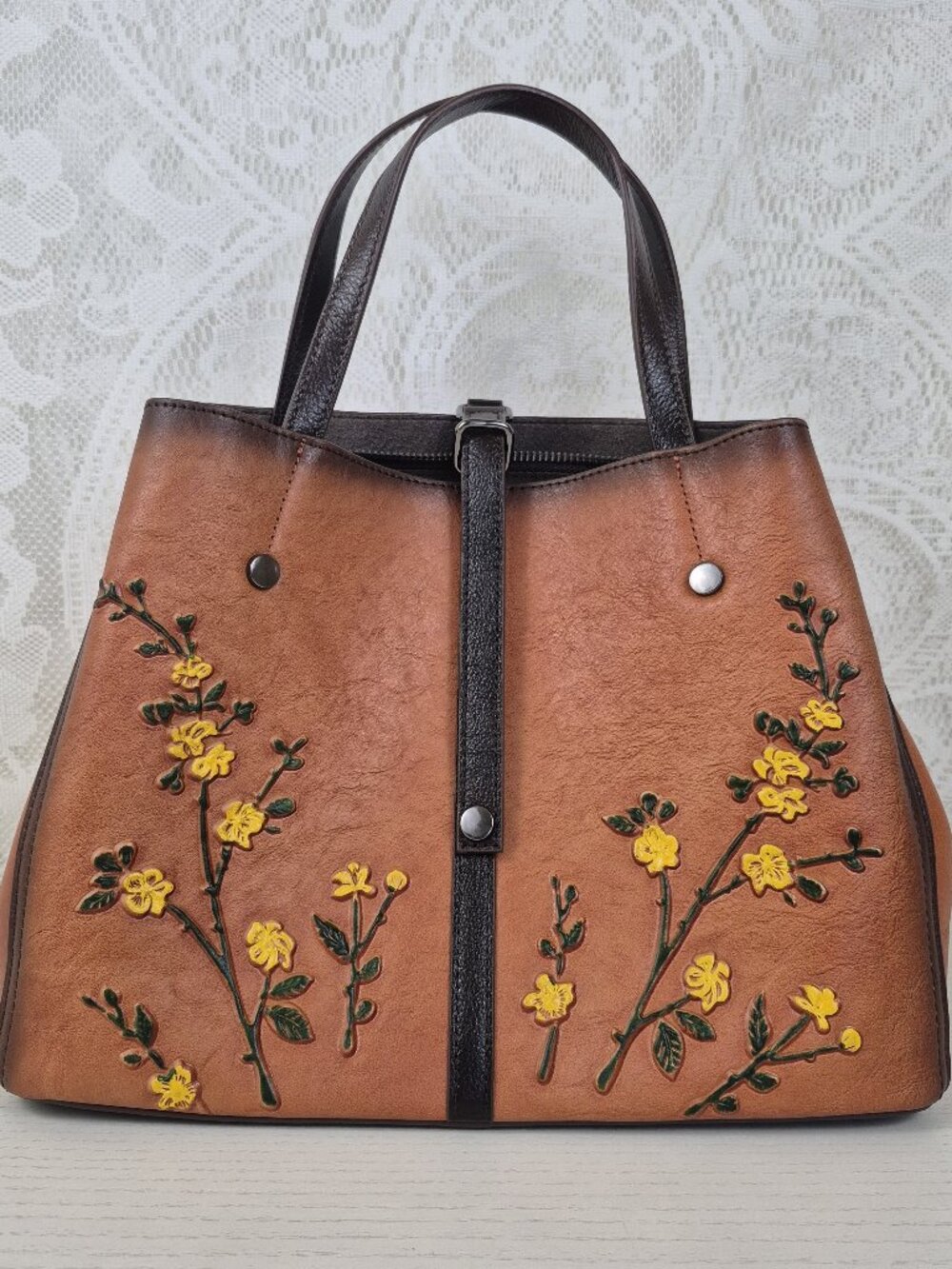 Hand-Embossed Yellow Floral Cowhide Crossbody Bag